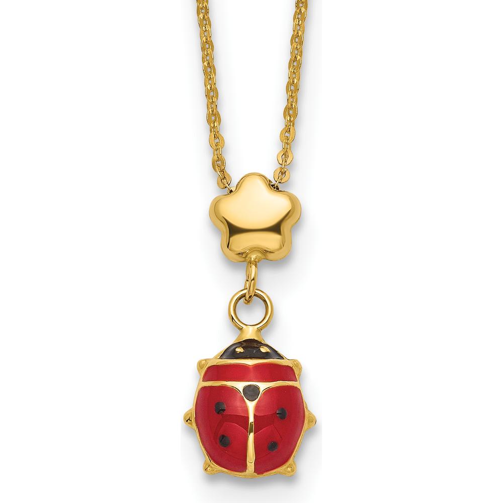 14K Yellow Gold Red and Black Enameled Ladybug Pendant Necklace with Flower Bead - 16.5" Length by 0