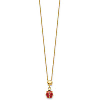 14K Yellow Gold Red and Black Enameled Ladybug Pendant Necklace with Flower Bead - 16.5" Length by 0