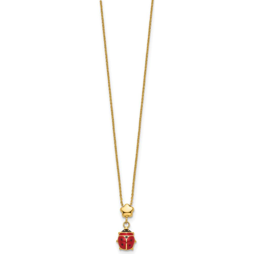 14K Yellow Gold Red and Black Enameled Ladybug Pendant Necklace with Flower Bead - 16.5" Length by 0