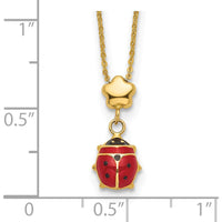 14K Yellow Gold Red and Black Enameled Ladybug Pendant Necklace with Flower Bead - 16.5" Length by 0