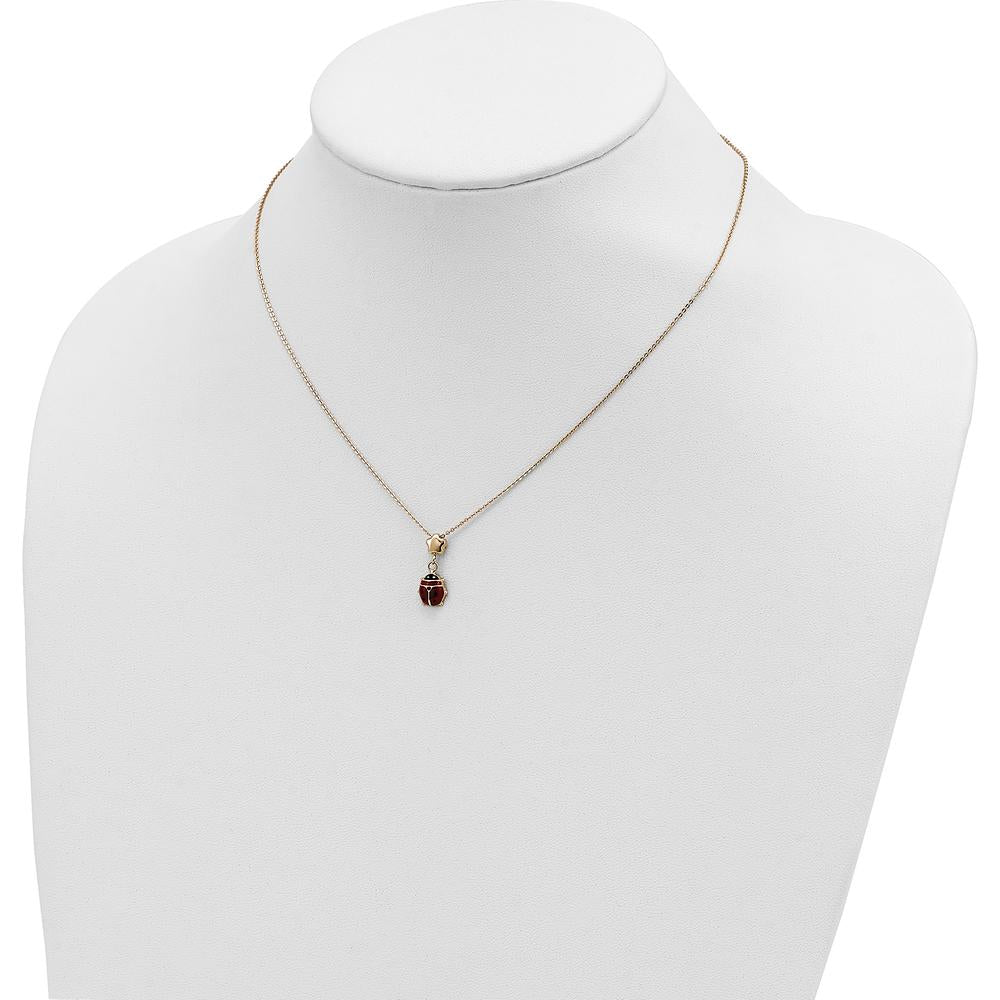 14K Yellow Gold Red and Black Enameled Ladybug Pendant Necklace with Flower Bead - 16.5" Length by 0