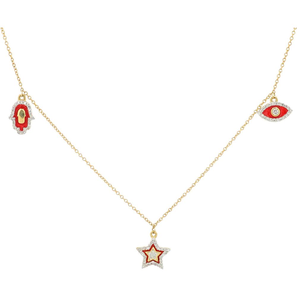 14K Yellow Gold Red Enamel Hamsa, Eye, and Star Pendant Necklace with 0.25 Carat Diamonds