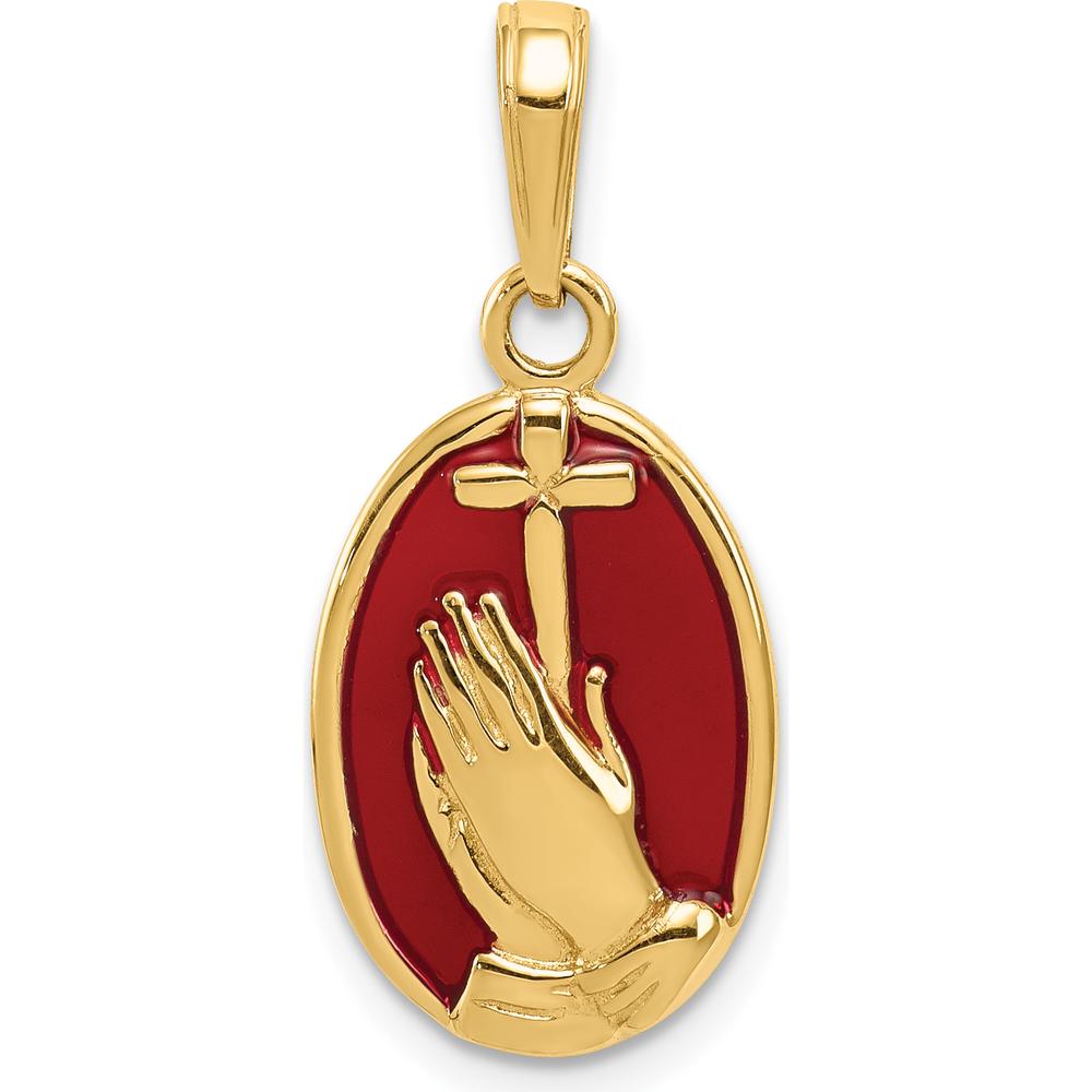 14K Yellow Gold Red Enamel Praying Hands and Cross Oval Pendant by Oro Pregiato