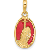 14K Yellow Gold Red Enamel Praying Hands and Cross Oval Pendant by Oro Pregiato