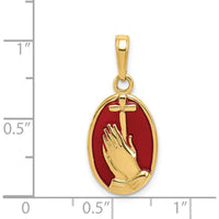 14K Yellow Gold Red Enamel Praying Hands and Cross Oval Pendant by Oro Pregiato