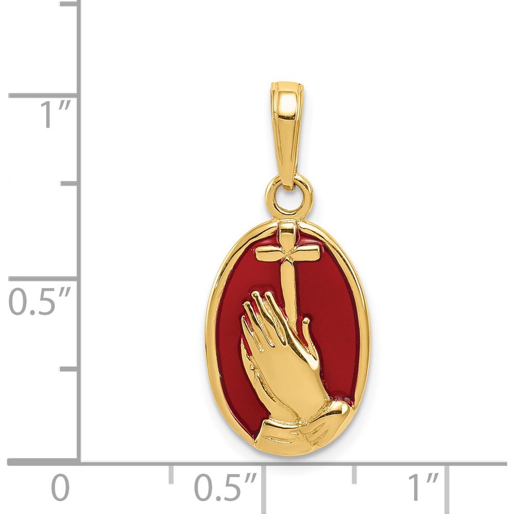 14K Yellow Gold Red Enamel Praying Hands and Cross Oval Pendant by Oro Pregiato