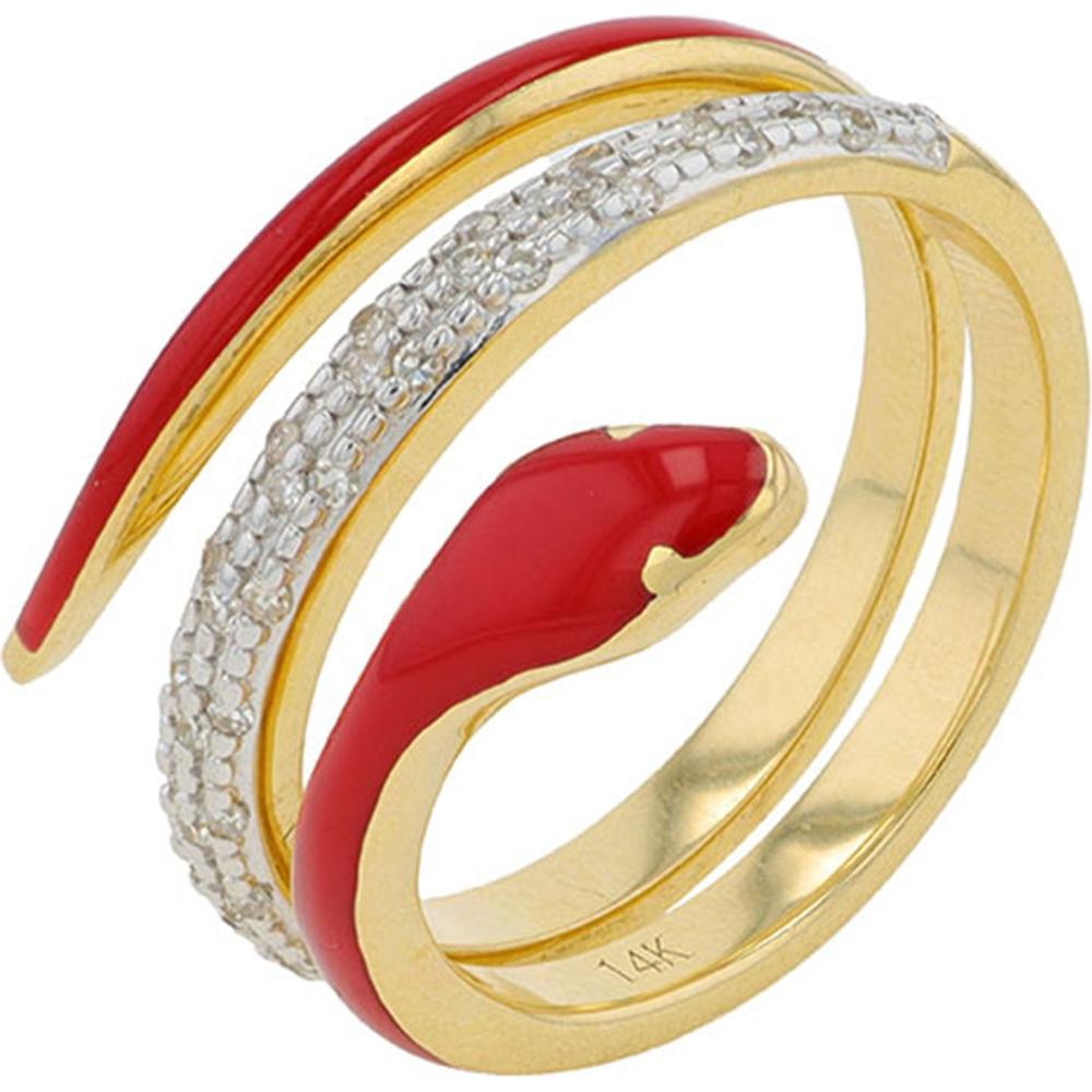 14K Yellow Gold Red Enamel Snake Bypass Ring with 0.15 Carat Diamond Accents