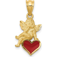 14K Yellow Gold Red Enameled Angel on Heart Pendant - 24mm Length by Oro Pregiato