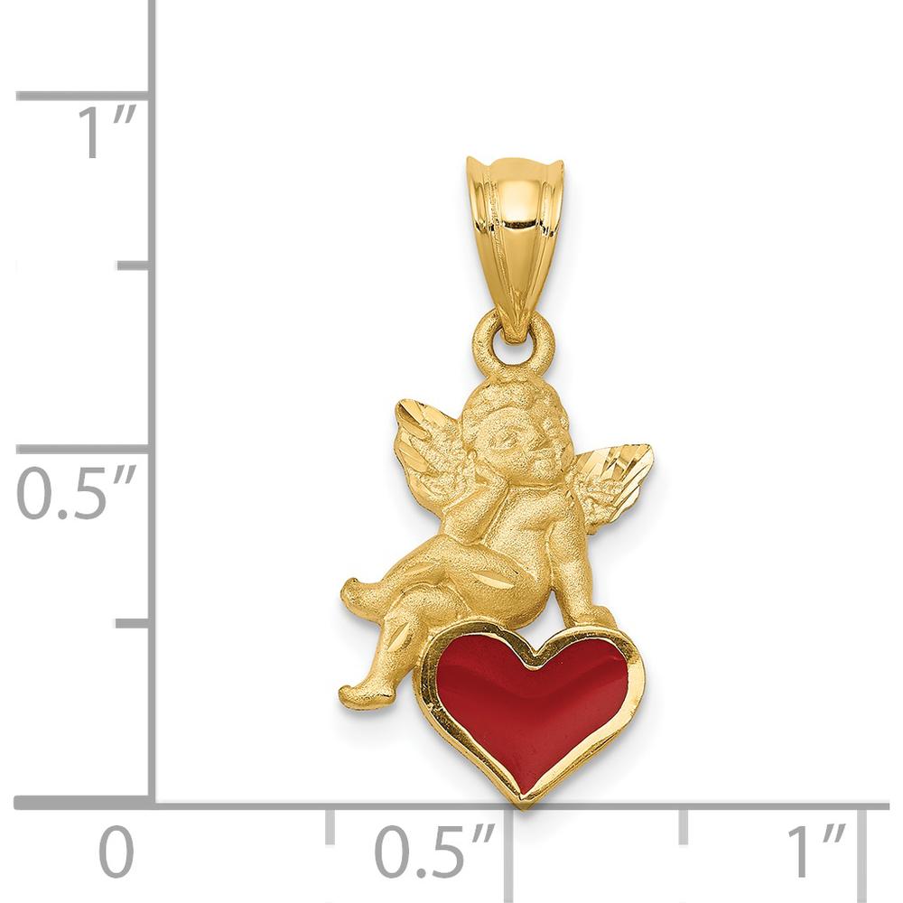 14K Yellow Gold Red Enameled Angel on Heart Pendant - 24mm Length by Oro Pregiato