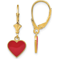 14K Yellow Gold Red Enameled Heart Drop Leverback Earrings - Polished Finish, 26mm Length by 0