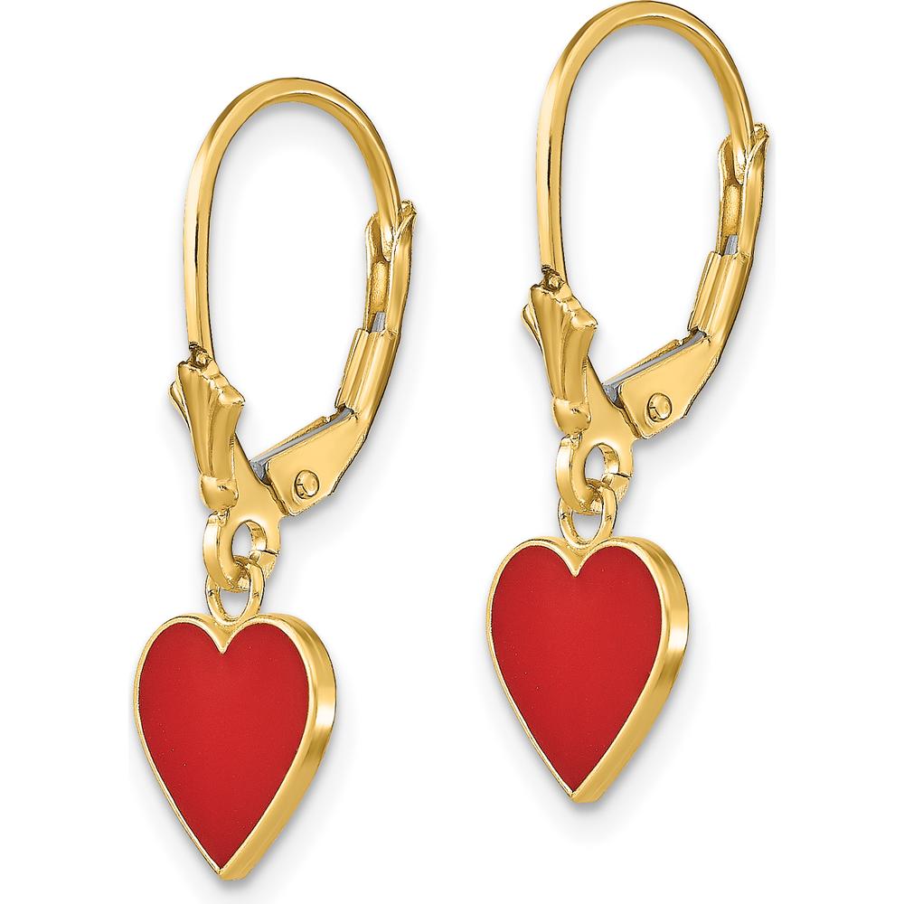 14K Yellow Gold Red Enameled Heart Drop Leverback Earrings - Polished Finish, 26mm Length by 0