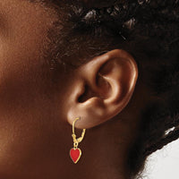 14K Yellow Gold Red Enameled Heart Drop Leverback Earrings - Polished Finish, 26mm Length by 0