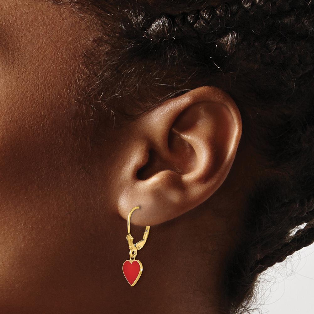 14K Yellow Gold Red Enameled Heart Drop Leverback Earrings - Polished Finish, 26mm Length by 0
