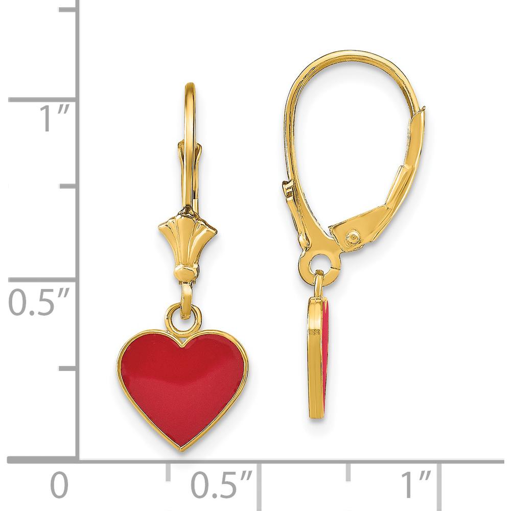 14K Yellow Gold Red Enameled Heart Drop Leverback Earrings - Polished Finish, 26mm Length by 0
