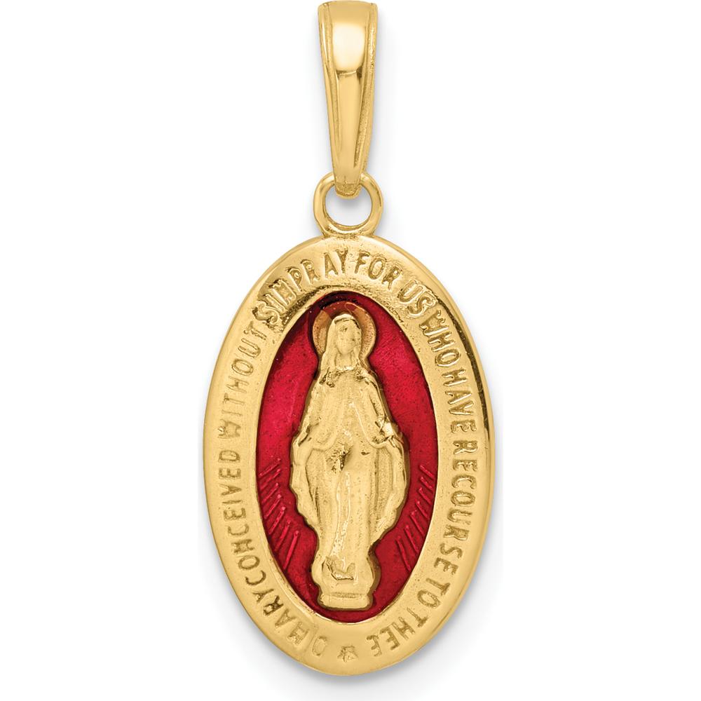 14K Yellow Gold Red Enameled Miraculous Medal Pendant with Virgin Mary - Polished Finish by Oro Pregiato