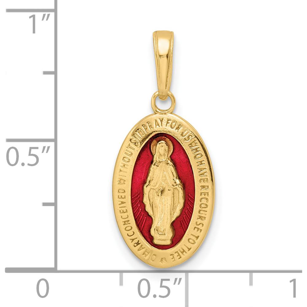 14K Yellow Gold Red Enameled Miraculous Medal Pendant with Virgin Mary - Polished Finish by Oro Pregiato