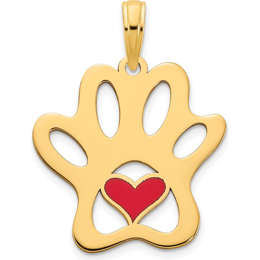 14K Yellow Gold Red Epoxy Heart Paw Print Pendant - 20mm Length by Oro Pregiato