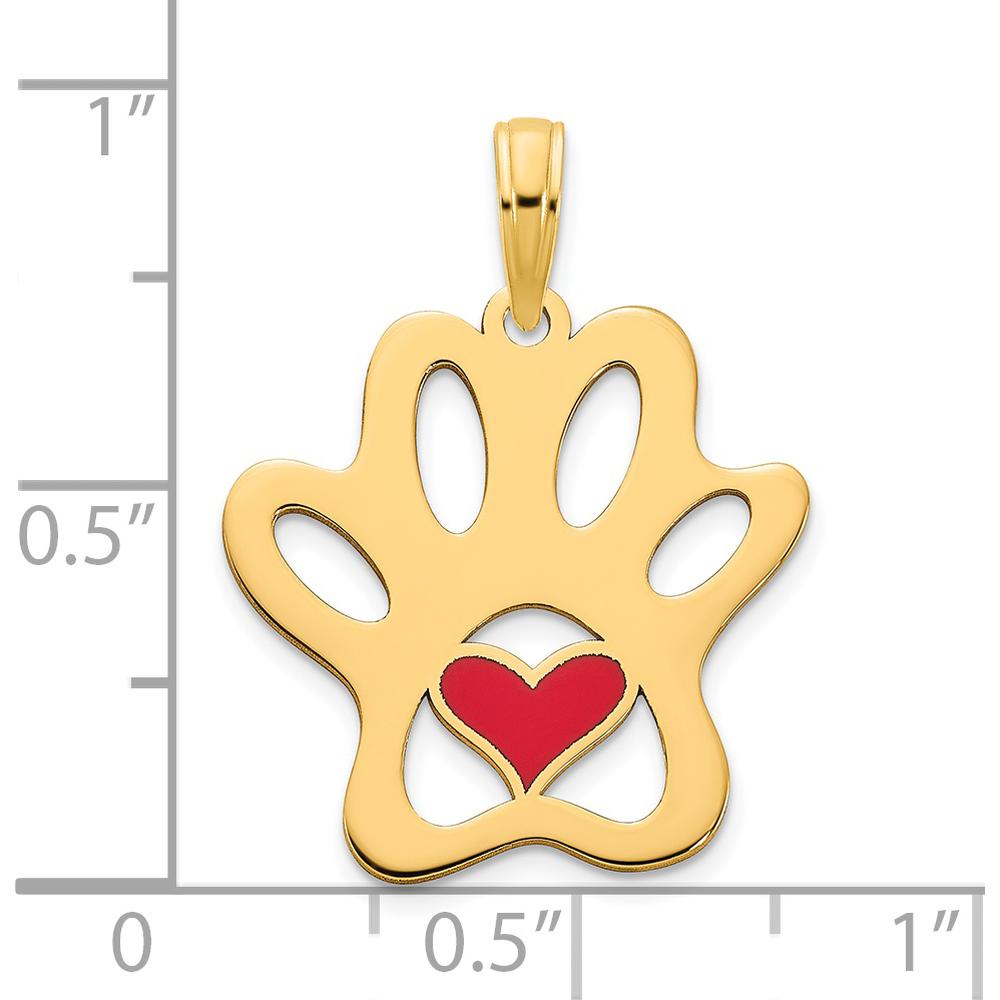 14K Yellow Gold Red Epoxy Heart Paw Print Pendant - 20mm Length by Oro Pregiato