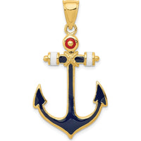 14K Yellow Gold Red, White, and Blue Enameled Anchor Pendant - 39mm Length by Oro Pregiato