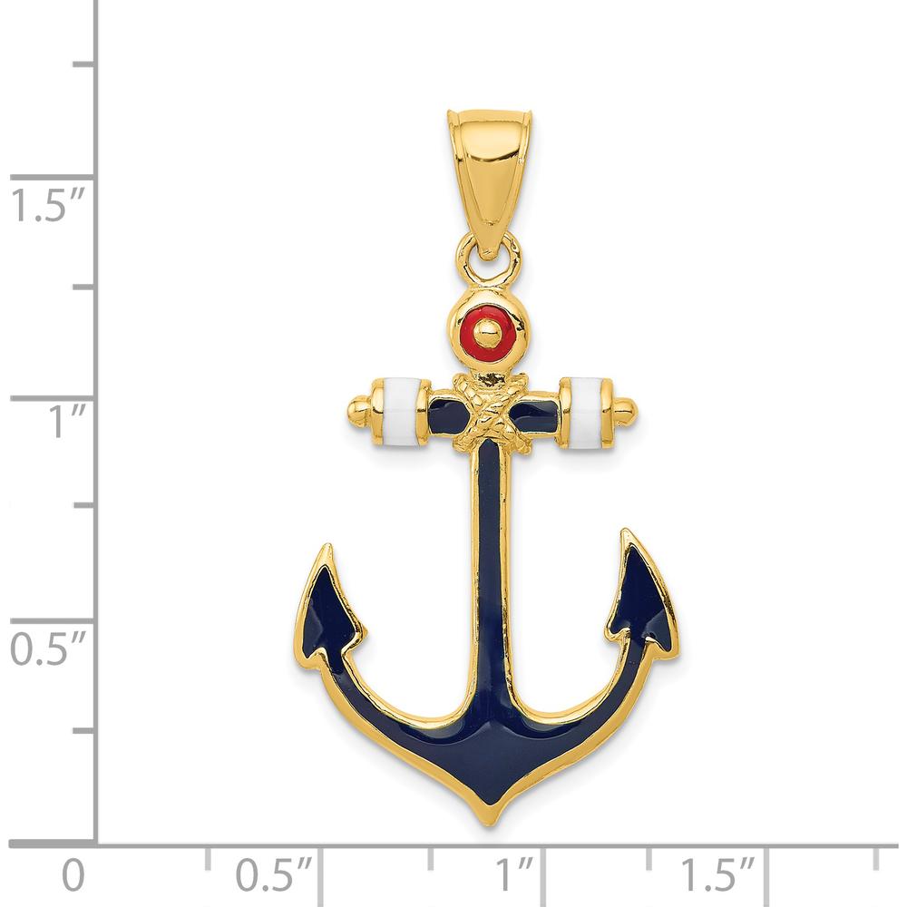 14K Yellow Gold Red, White, and Blue Enameled Anchor Pendant - 39mm Length by Oro Pregiato