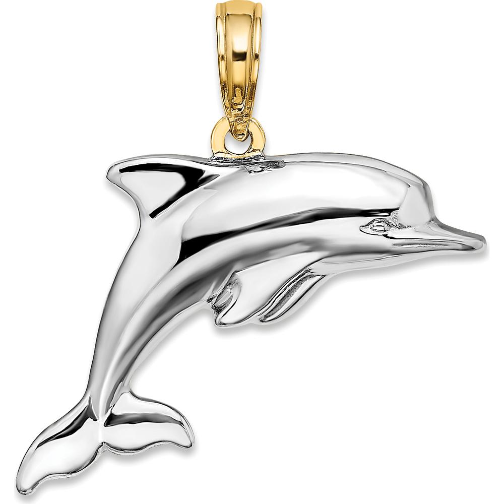 14K Yellow Gold Reversible 3D Puffed Dolphin Charm with Rhodium Accents - 16mm Length by Oro Pregiato
