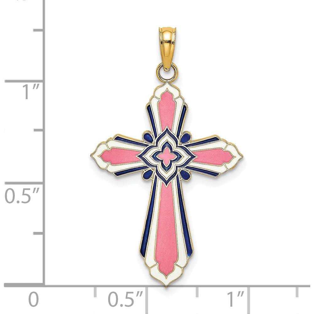 14K Yellow Gold Reversible Cross Pendant with Pink & Blue Enamel - 28mm Length by Oro Pregiato