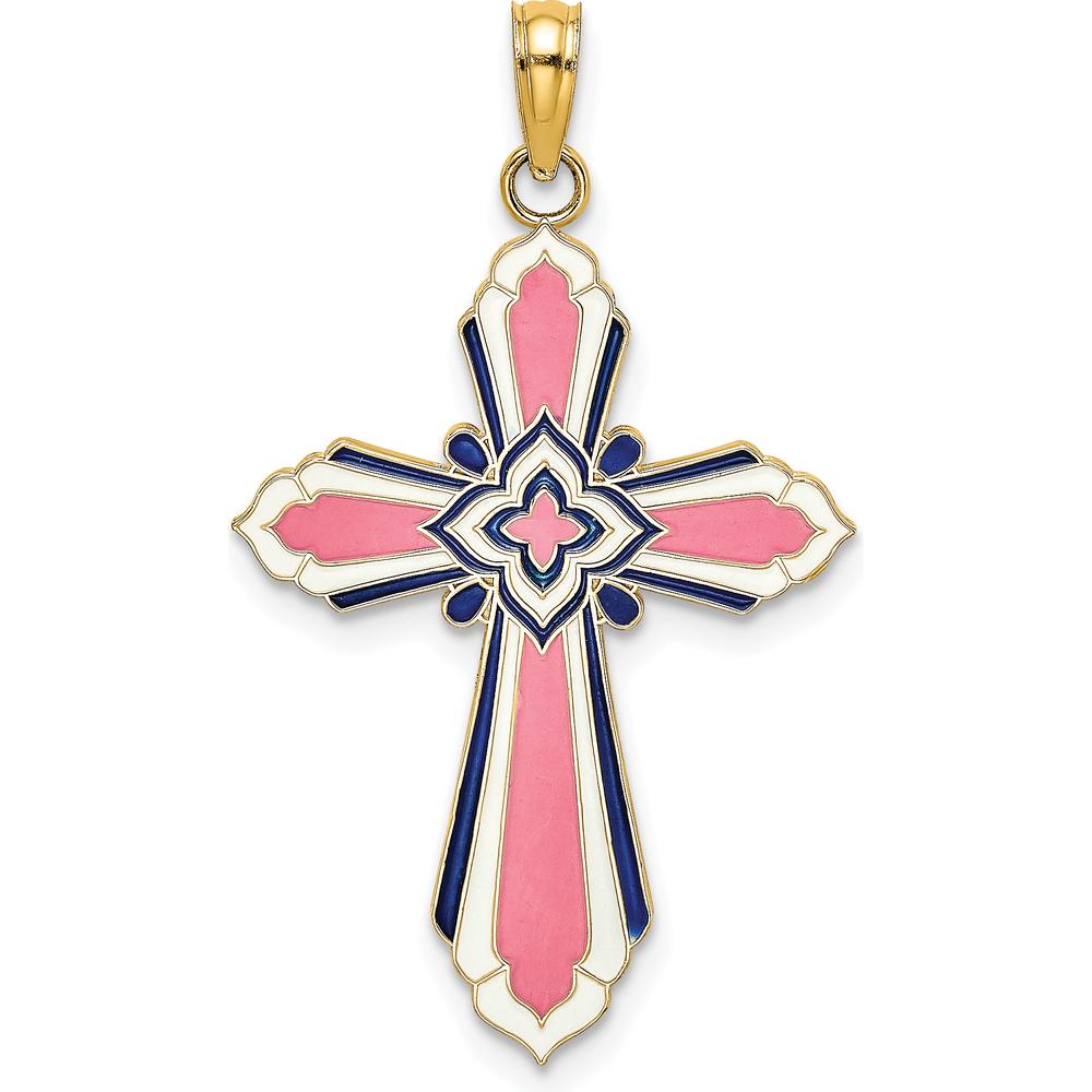 14K Yellow Gold Reversible Cross Pendant with Pink & Blue Enamel - 28mm Length by Oro Pregiato