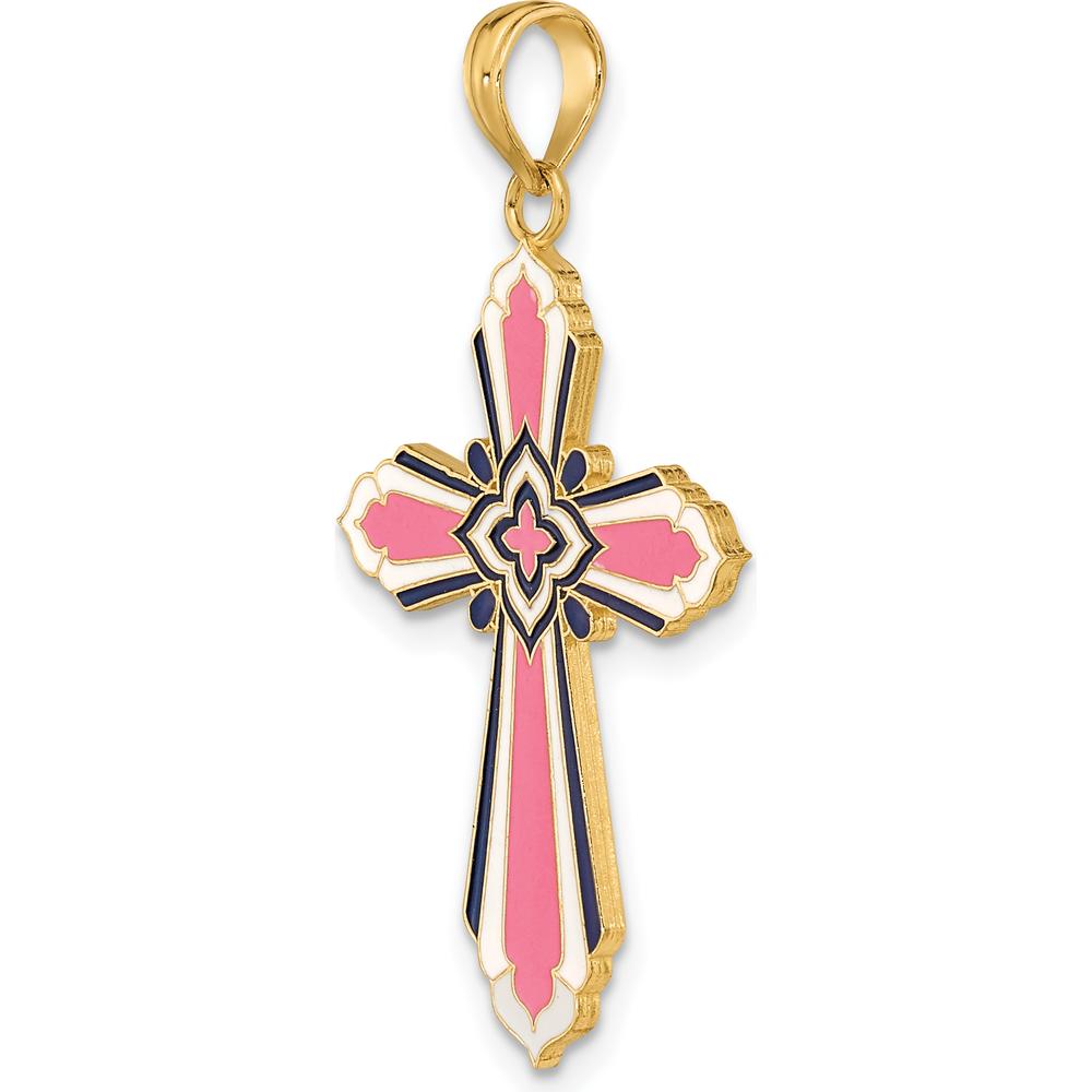 14K Yellow Gold Reversible Cross Pendant with Pink & Blue Enamel - 28mm Length by Oro Pregiato
