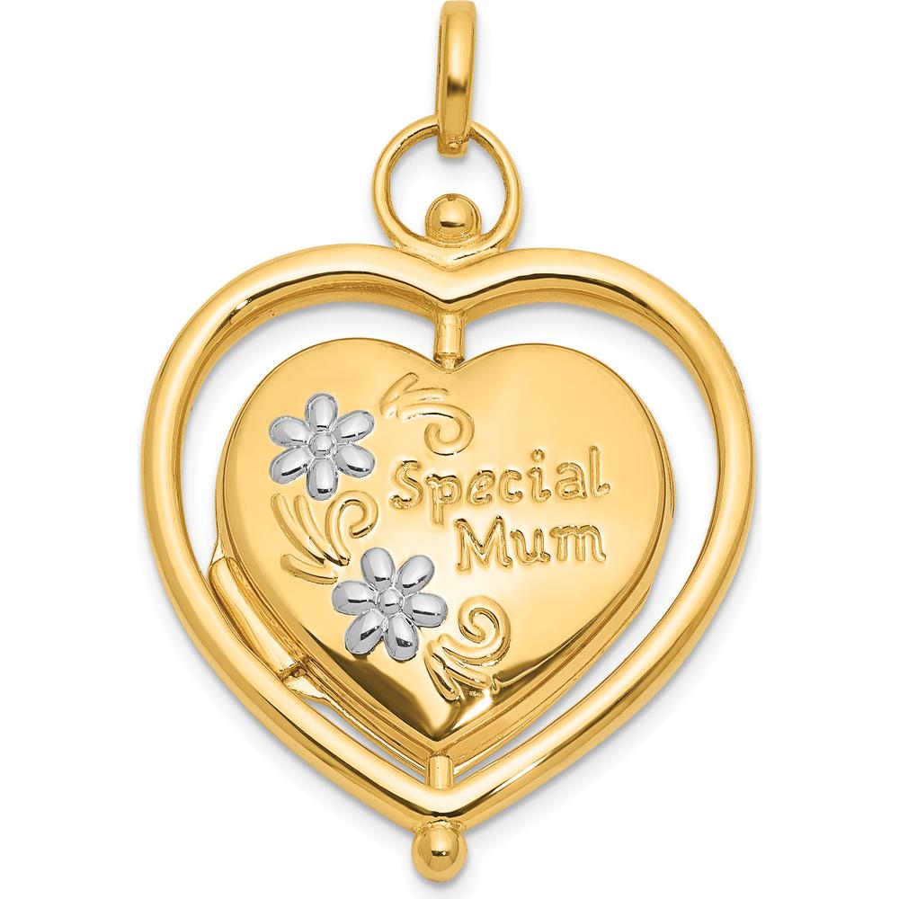 14K Yellow Gold Reversible Heart Locket with White Rhodium Floral Accents - Spinning Frame Holds 2 Photos by Oro Pregiato