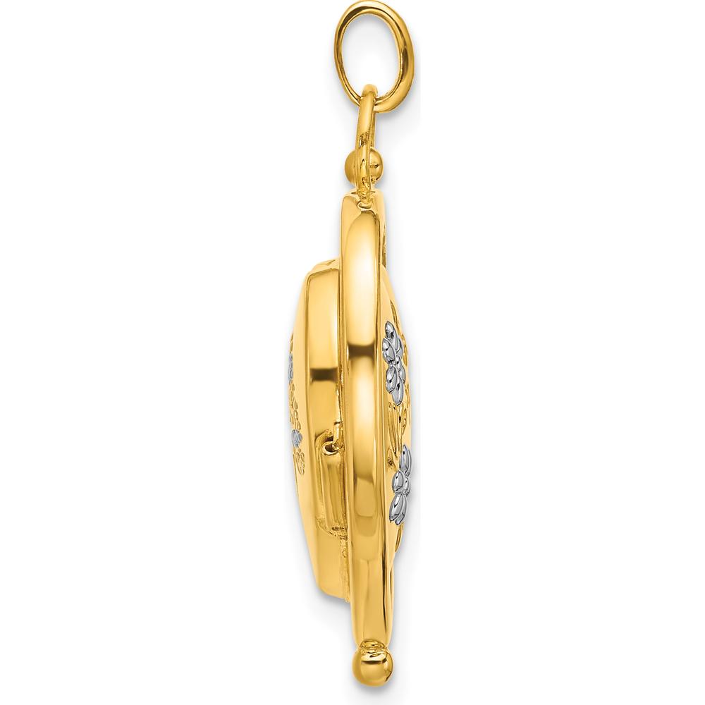 14K Yellow Gold Reversible Heart Locket with White Rhodium Floral Accents - Spinning Frame Holds 2 Photos by Oro Pregiato
