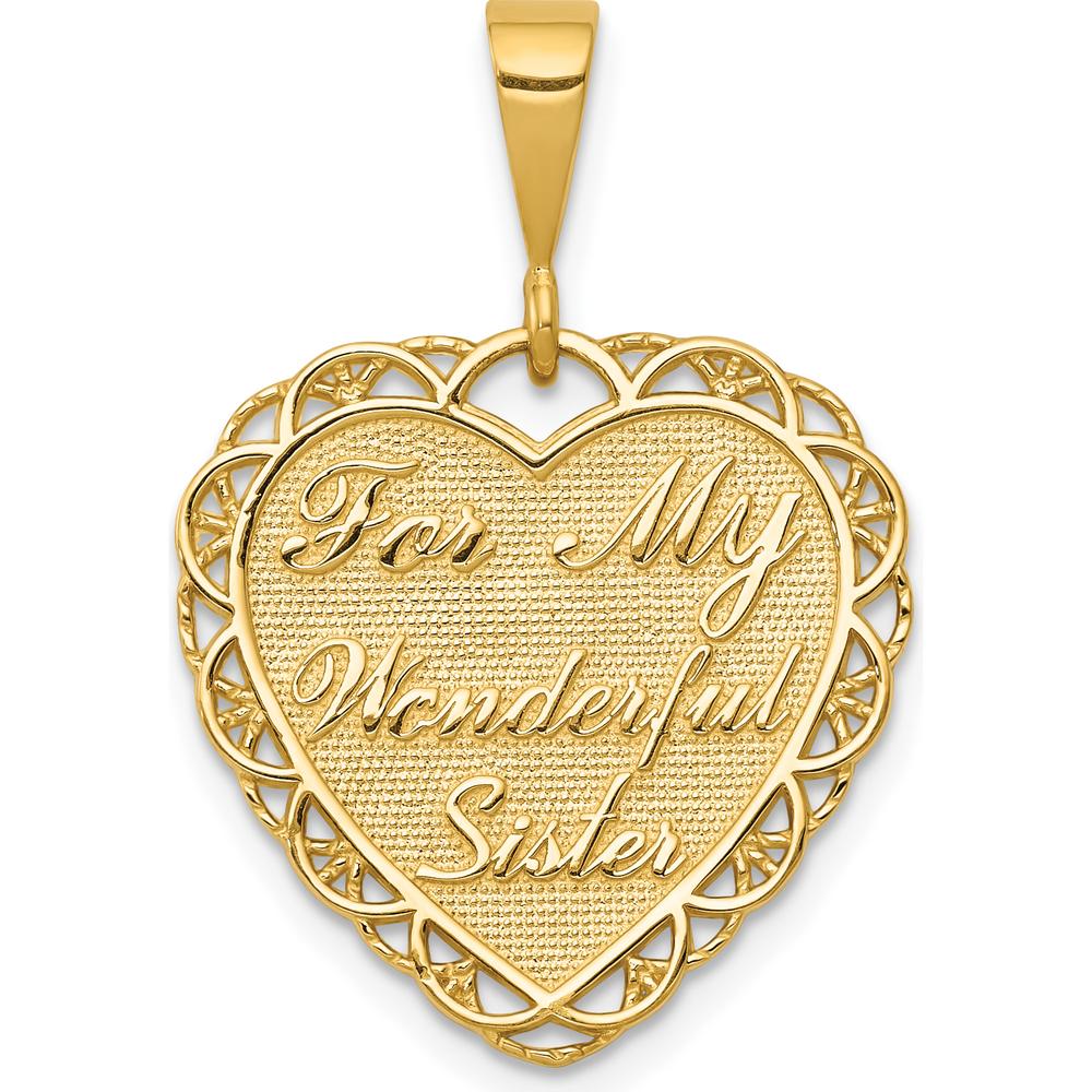 14K Yellow Gold Reversible Heart Pendant with "For My Wonderful Sister / You Mean So Much" Engraving by Oro Pregiato