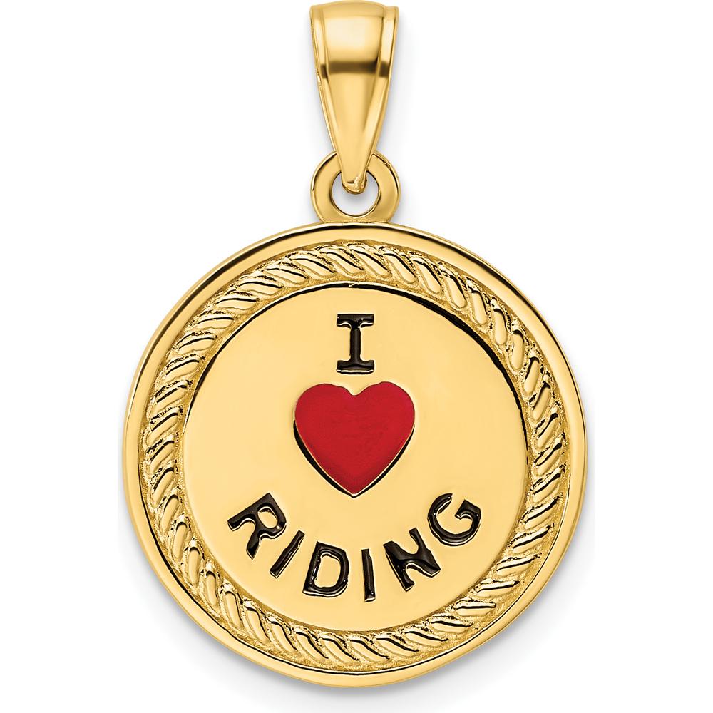 14K Yellow Gold Reversible "I Heart Riding" Pendant with Red Enamel Accent by Oro Pregiato