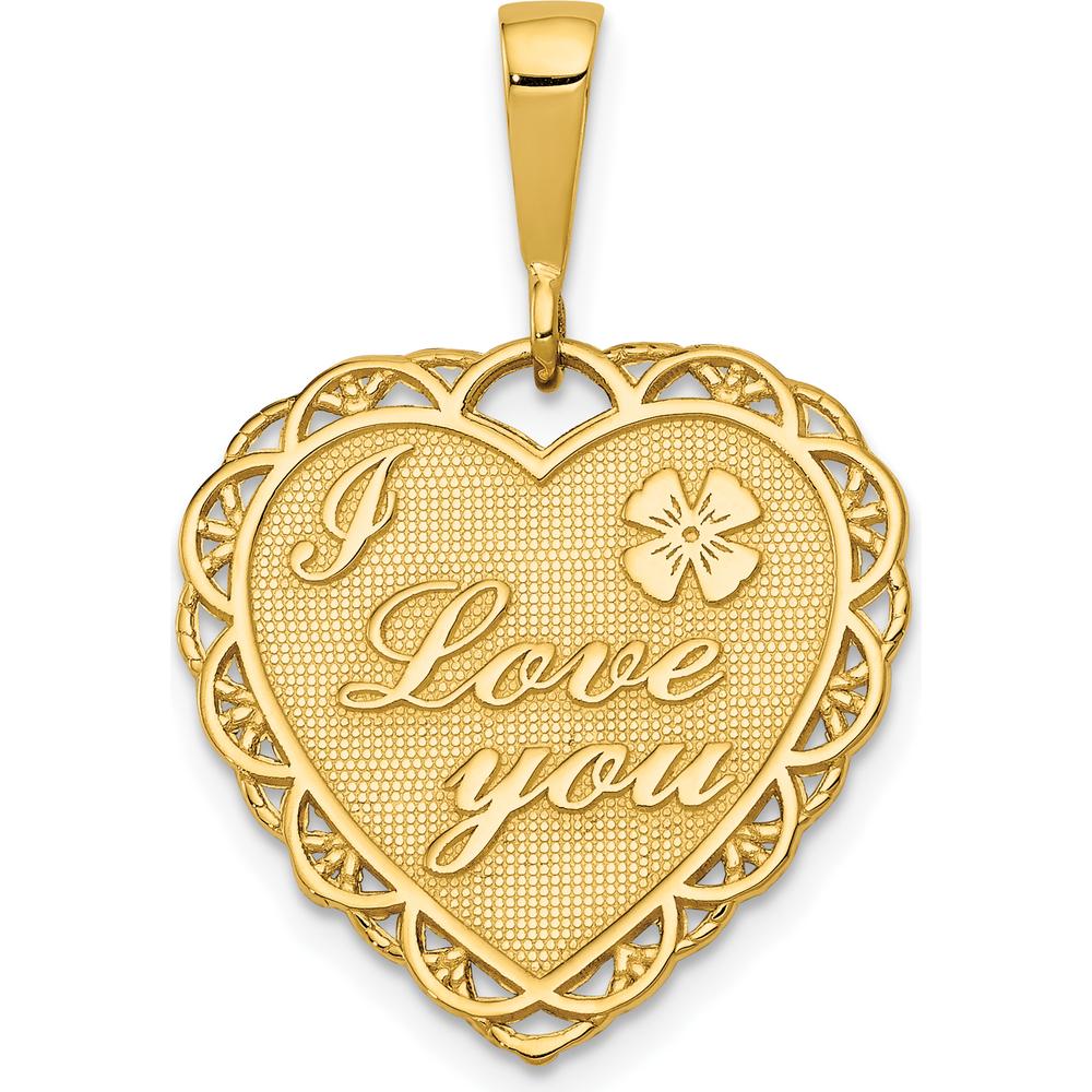 14K Yellow Gold Reversible "I Love You" Heart Pendant with Floral Detailing by Oro Pregiato