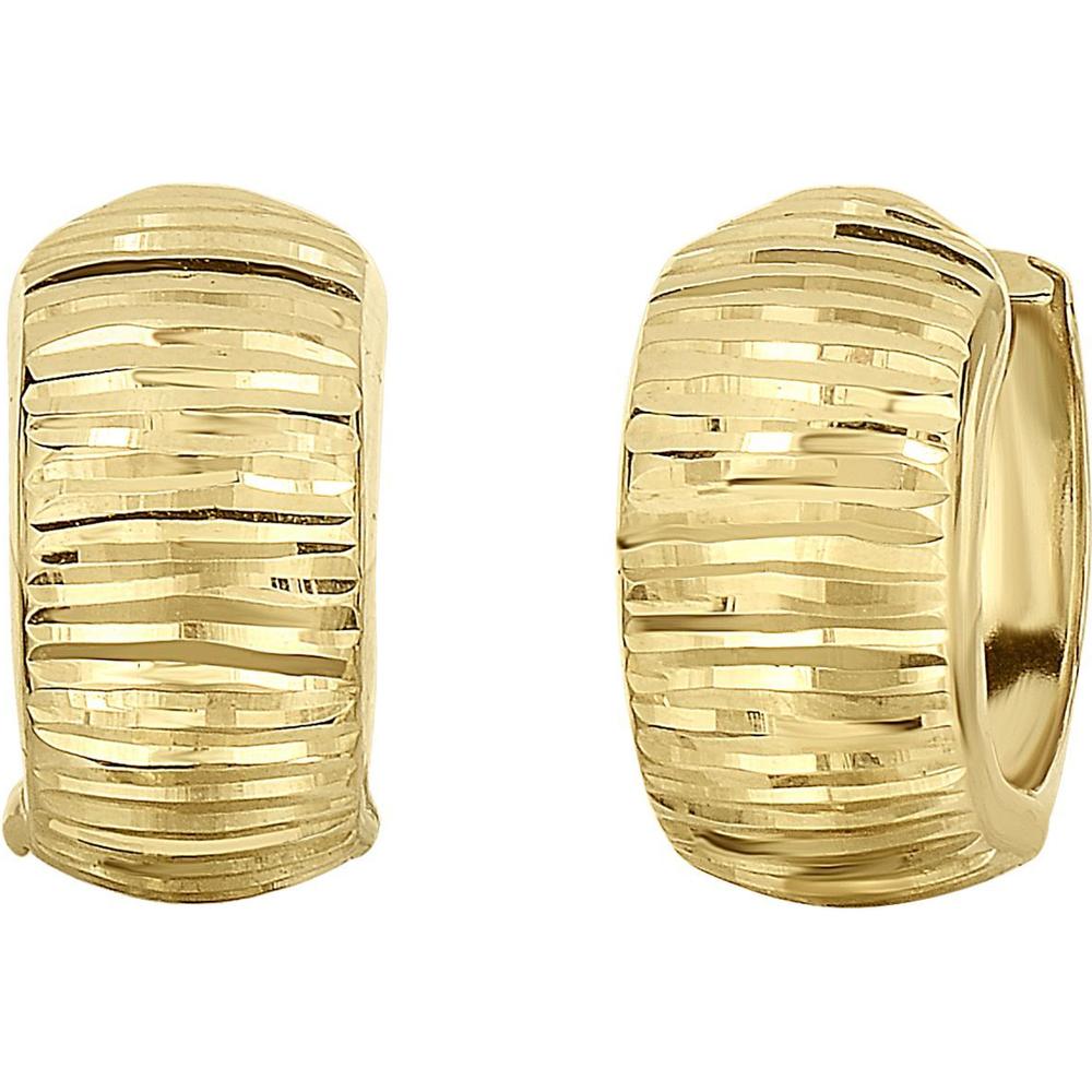 14K Yellow Gold Reversible Polished & Linear Diamond Cut Huggie Earrings with Hinged Closure - Snuggables Collection by Orozza Fine Jewelry
