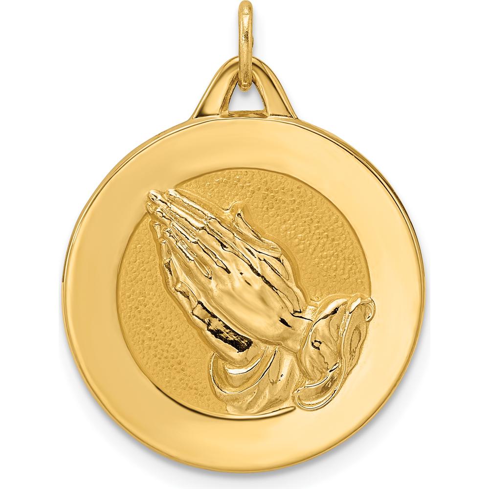 14K Yellow Gold Reversible Praying Hands and Serenity Prayer Disc Pendant with Polished and Satin Finish by Oro Pregiato