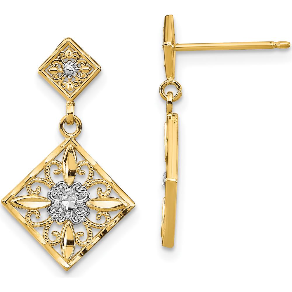 14K Yellow Gold Rhodium Diamond-Cut Filigree Dangle Earrings by 0