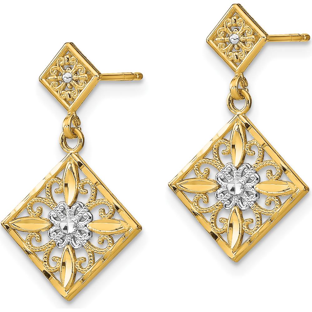 14K Yellow Gold Rhodium Diamond-Cut Filigree Dangle Earrings by 0