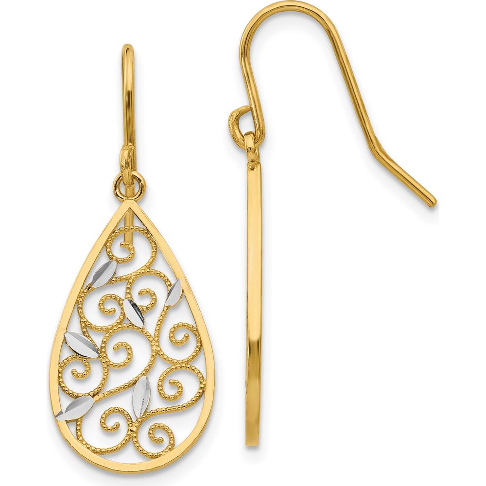 14K Yellow Gold Rhodium Diamond-Cut Filigree Teardrop Earrings - 32mm Length by Oro Pregiato