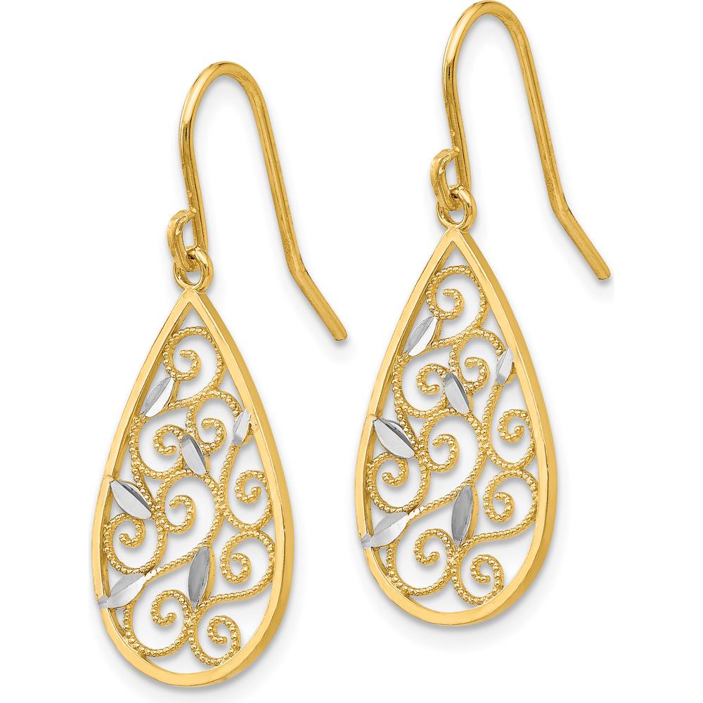14K Yellow Gold Rhodium Diamond-Cut Filigree Teardrop Earrings - 32mm Length by Oro Pregiato