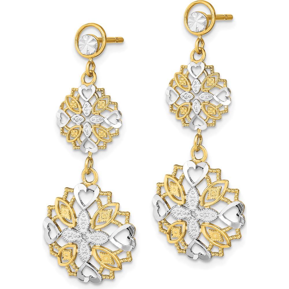 14K Yellow Gold Rhodium Diamond-Cut Heart and Flower Dangle Earrings - 0.50 Carat Total Diamond Weight by 0