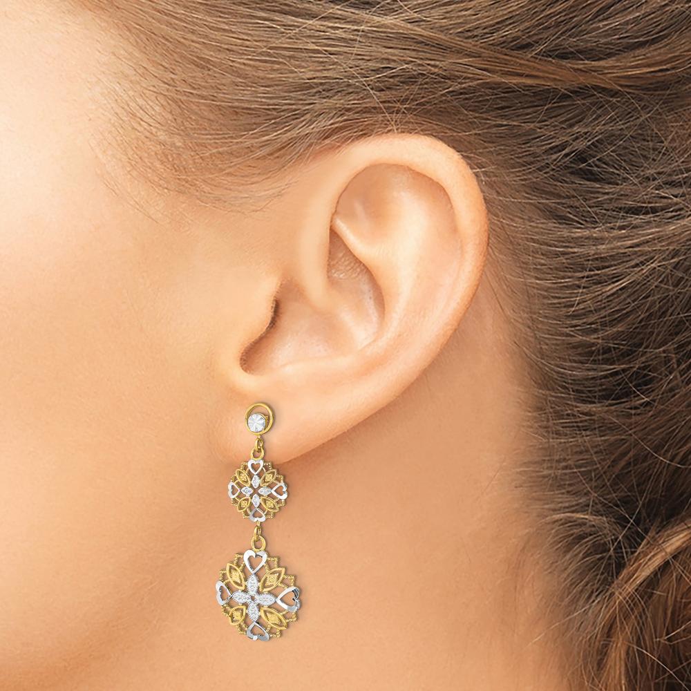 14K Yellow Gold Rhodium Diamond-Cut Heart and Flower Dangle Earrings - 0.50 Carat Total Diamond Weight by 0