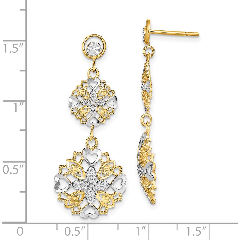 14K Yellow Gold Rhodium Diamond-Cut Heart and Flower Dangle Earrings - 0.50 Carat Total Diamond Weight by 0