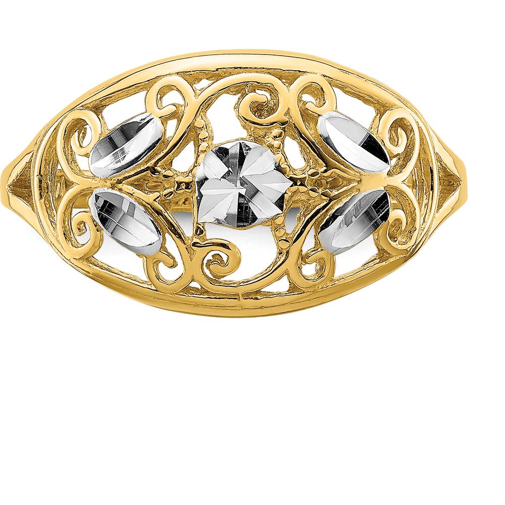 14K Yellow Gold Rhodium Diamond-Cut Oval Filigree Ring - Fashion Design by 0