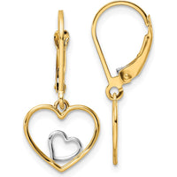 14K Yellow Gold Rhodium Heart in Heart Leverback Dangle Earrings by 0