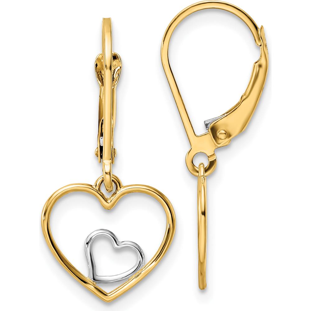 14K Yellow Gold Rhodium Heart in Heart Leverback Dangle Earrings by 0