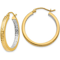 14K Yellow Gold Rhodium Light Square Diamond Cut Hoop Earrings - 27mm Length by 0