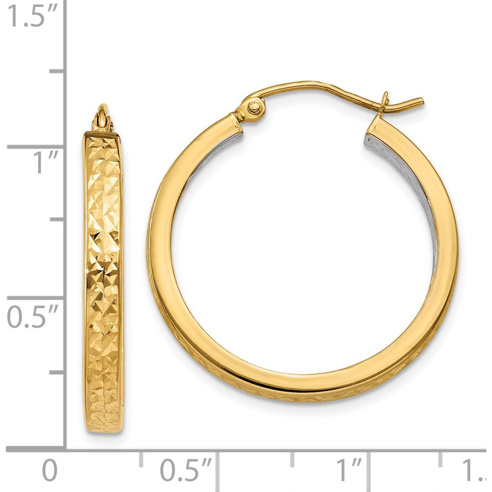 14K Yellow Gold Rhodium Light Square Diamond Cut Hoop Earrings - 27mm Length by 0