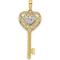 14K Yellow Gold Rhodium Plated Diamond-Cut Heart Filigree Key Pendant by Oro Pregiato