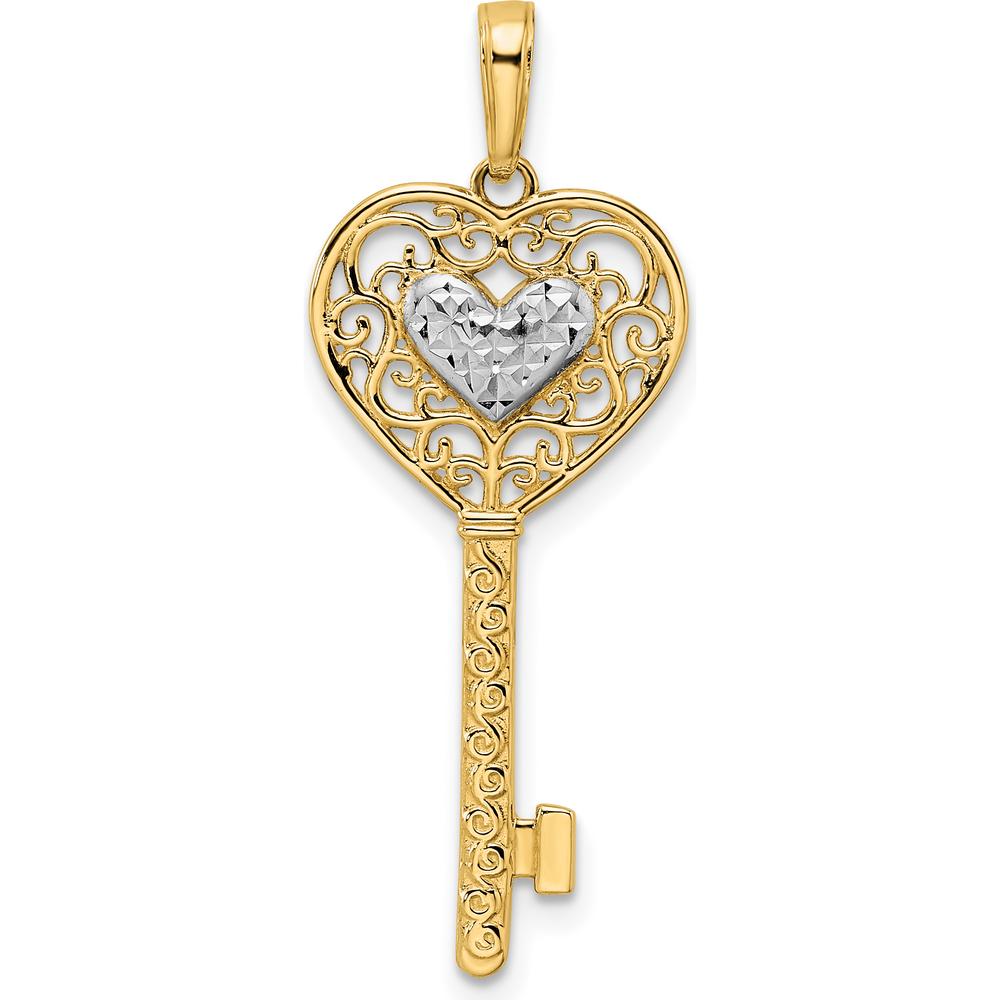 14K Yellow Gold Rhodium Plated Diamond-Cut Heart Filigree Key Pendant by Oro Pregiato