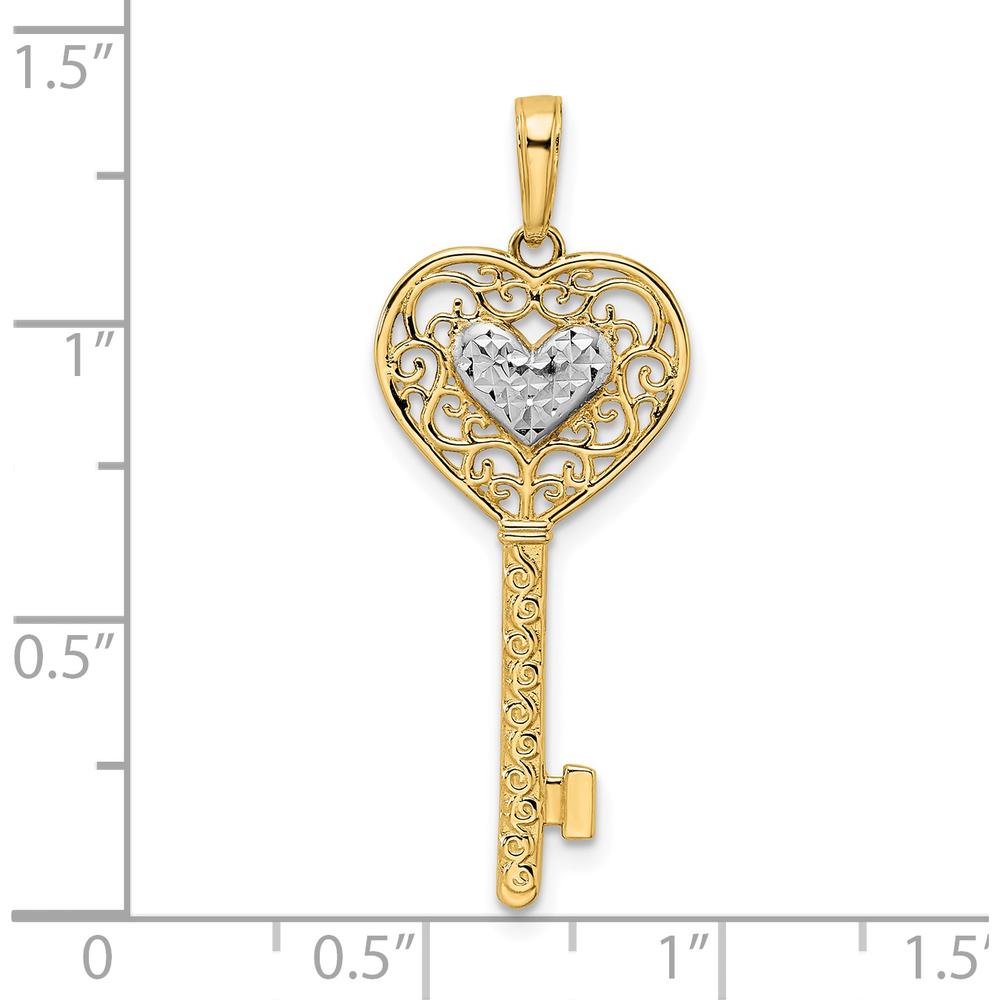 14K Yellow Gold Rhodium Plated Diamond-Cut Heart Filigree Key Pendant by Oro Pregiato